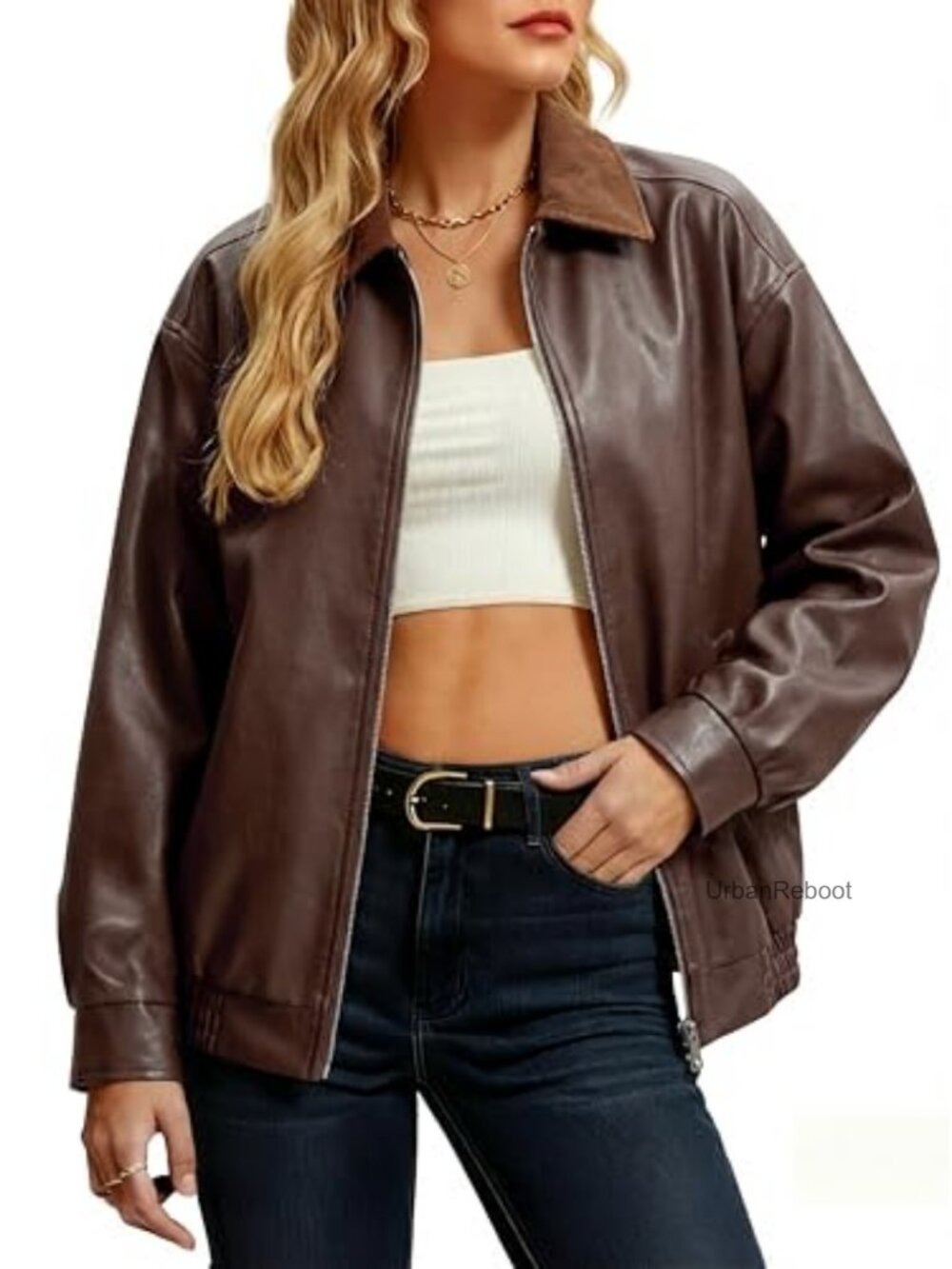 Oversized Faux Leather Bomber Motorcycle Jacket Zip Up Trendy Coat